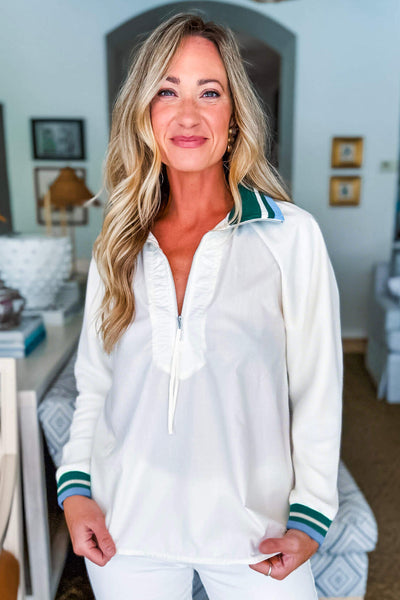 Women's White Striped Long Sleeve Blouse with Zip Split Neck and Webbing Patchwork - Stylish and Chic Top