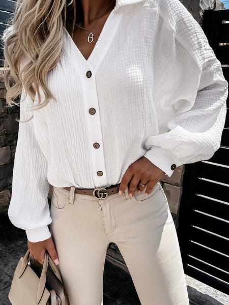 Cotton Linen Button Sleeve Blouse with Balloon Sleeves