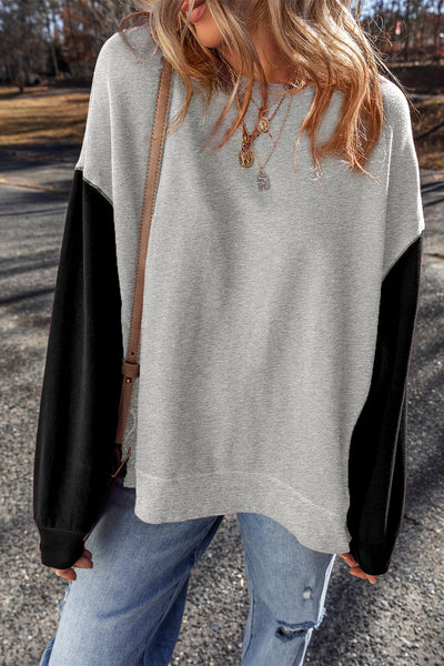 Cozy Women's Gray Two-Tone Patchwork Drop Shoulder Sweatshirt Effortless Casual Style for Everyday Comfort