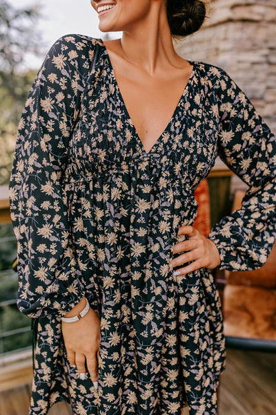 Women's Black Floral V-Neck Smocked Midi Dress with Long Sleeves