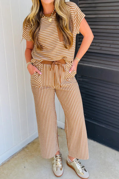 Stylish Women's Khaki Striped Two-Piece Set - Flattering Casual Outfit with Trendy Design for Effortless Elegance