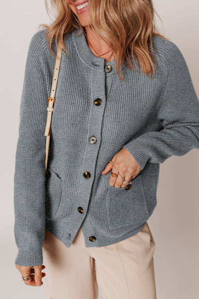 Women's Ribbed Viscose-Blend Crewneck Cardigan in Heather Grey
