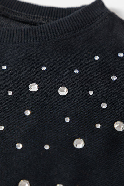 Chic Women's Black Rhinestone Pullover Sweatshirt - Sparkling Casual Style for Effortless Comfort and Trendy Looks