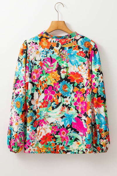 Chic Women's Multicolor Floral Ruffled Blouse with Bubble Sleeves and V-Neck for Effortless Everyday Style