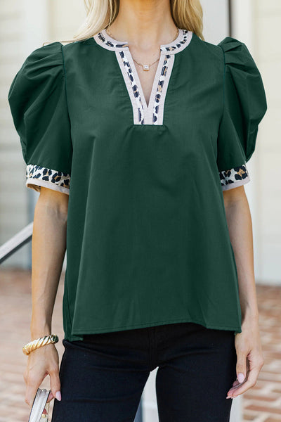 Chic Women's Blackish Green Puff Sleeve Blouse with Leopard Trim & Split Neck - Stylish Top for Any Occasion