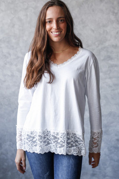 Women's Cotton Blend Lace-Trim Long Sleeve V-Neck Top