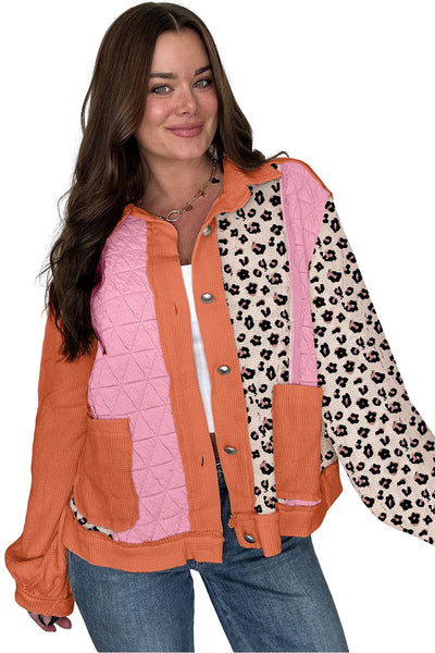 Trendy Women's Pink Leopard Print Quilted Jacket with Button Front - Stylish Waffle Design for Casual Chic Outfits