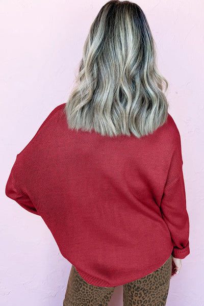Cozy Women's Racing Red Dolman Sweater with Colorful Dot Accents Perfect for Festive Holiday Style and Comfort