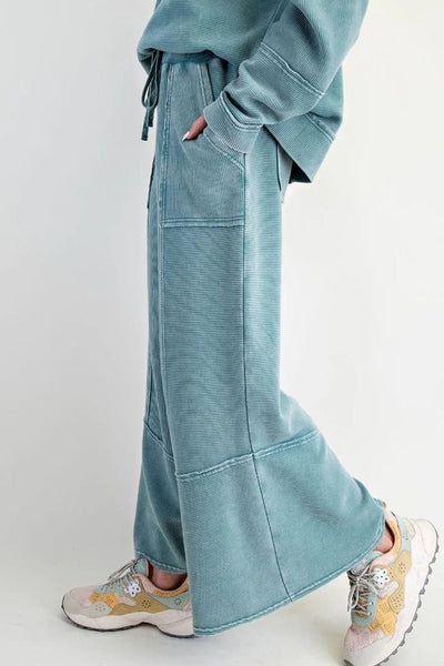 Women's Soft Blue Lapis Mineral Wash V-Neck Pullover & Drawstring Pants Set - Casual Ribbed Patchwork Outfit