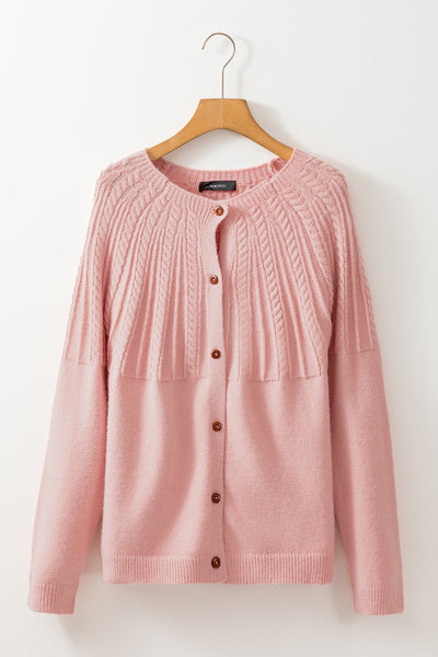 Women's Light Pink Cable-Yoke Cardigan with Wooden Buttons