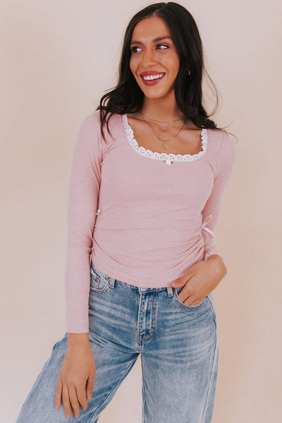 Stylish Women's Light Pink Cropped Top with Lace Trim, Square Neck & Bow Detail - Perfect Everyday Ruched Design