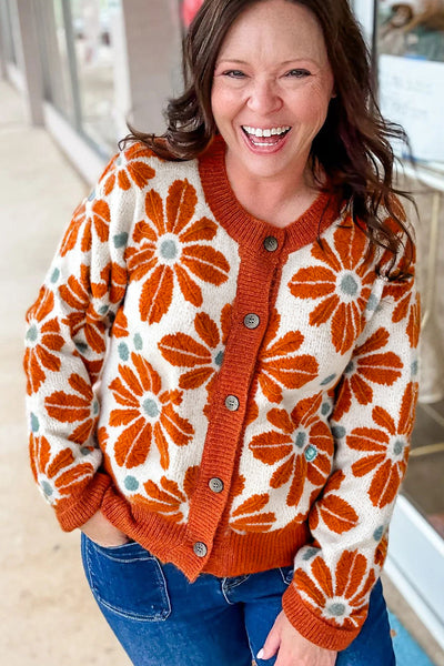 Plus Size Women's Orange Floral Short Cardigan - Stylish Button-Up for Spring Fashion and Everyday Wear