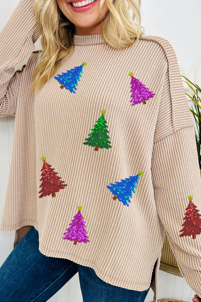 Women's Parchment Ribbed Sequin Christmas Tree Graphic Sweatshirt