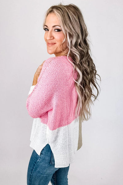 Cozy Women's Pink Color Block V-Neck Knit Sweater - Loose Fit for Casual Outings and Stylish Layering