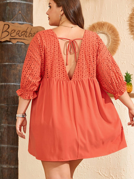 Elegant Eyelet Babydoll Dress with Carrot Contrast Bodice