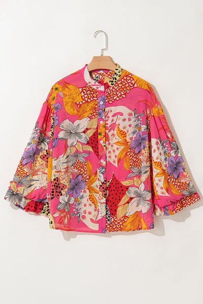 Stylish Women's Red Floral Print Ruffled Bubble Sleeve Shirt with Button Detail Comfortable and Trendy Fit