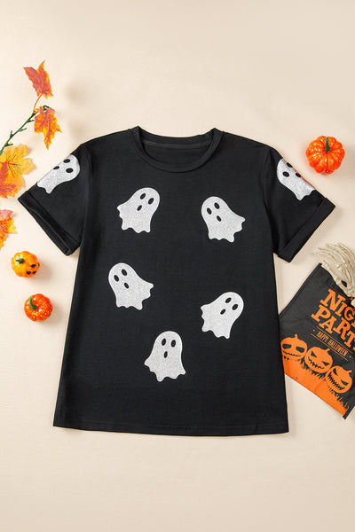 Women's Black Glitter Ghost Pattern Crew Neck Halloween T-Shirt - Fun & Festive Casual Wear for Spooky Season