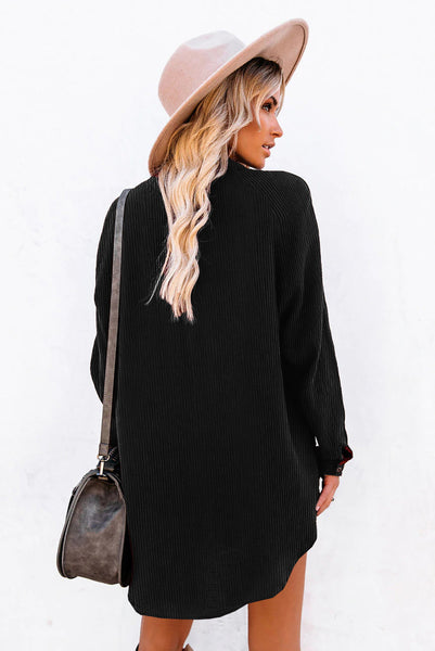Stylish Women's Black Corduroy Midi Dress - Comfortable Long Sleeve Fit with Trendy Details for Effortless Elegance