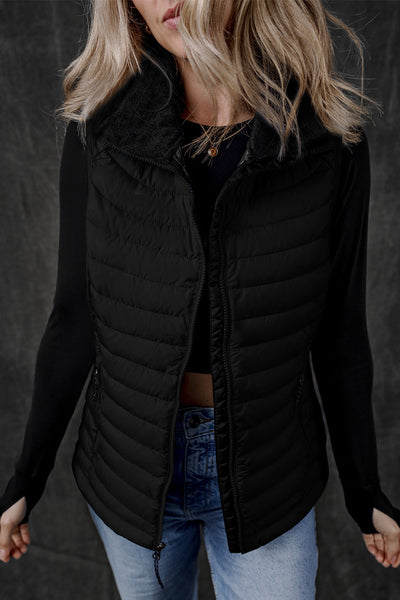 Cozy Women's Black Quilted Puffer Vest with Plush Collar and Zipper - Stylish Winter Outerwear for Cold Adventures