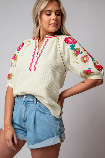 Chic Women's Beige Floral Embroidered Puff Sleeve Blouse with Textured Fabric and Ricrac Trim for Effortless Style