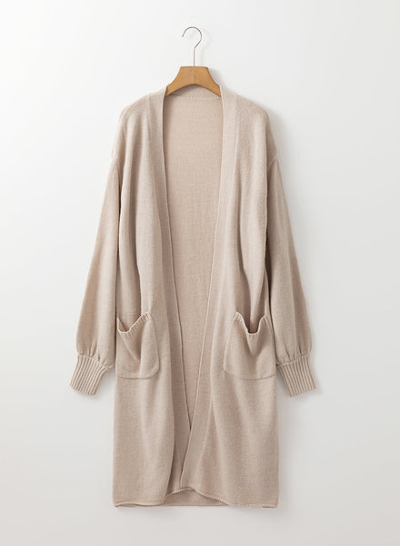 Chic Beige Long Knit Cardigan for Women - Open Front, Relaxed Fit, Stylish Layering Piece with Convenient Side Pockets