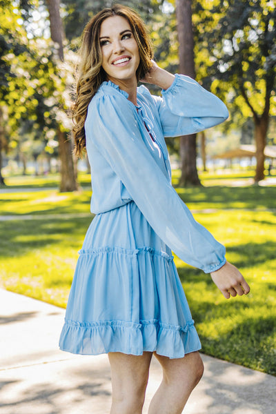Chic Light Blue V-Neck Long Sleeve Ruffle Mini Dress for Women Ideal for Spring & Summer Events, Effortlessly Stylish