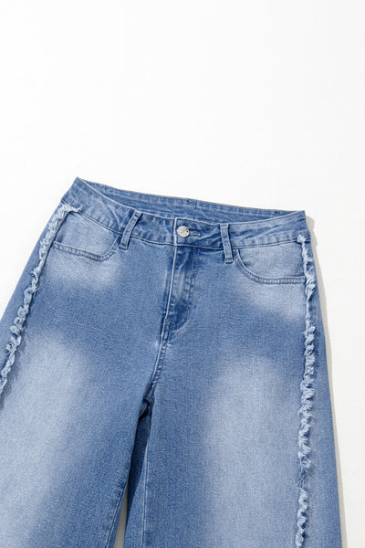 Beau Blue Women's Vintage Flared Jeans in Chic Raw Hem with Unique Stitching for Effortless Casual Style