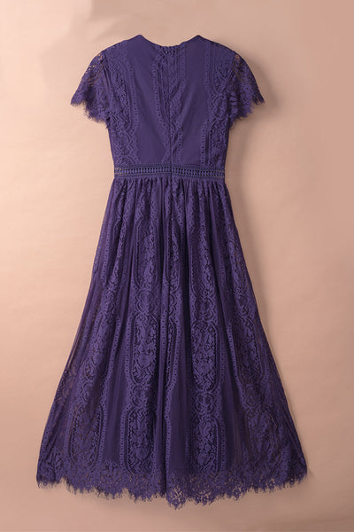 Women's Floral Crochet Lace V-Neck Midi Dress with Bell Sleeves