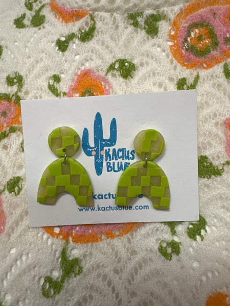 Kactus Blue Checkered Lime Green Clay  Earrings