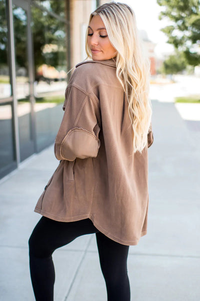 Cozy Women's Dark Khaki Fleece Shacket with Exposed Seams & Button Closure - Stylish Casual Wear for Everyday Comfort