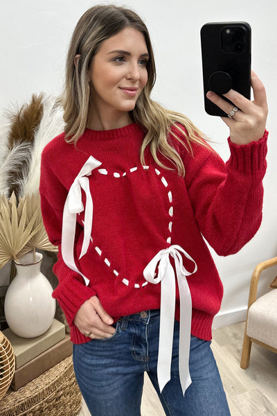 Women's Cozy Racing Red Bow Knot Heart Stitch Drop Shoulder Sweater - Stylish Casual Top for Everyday Wear