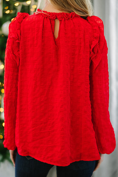 Chic Women's Fiery Red Textured Long Sleeve Blouse with Ruffles - Perfect Stylish Top for Everyday Elegance
