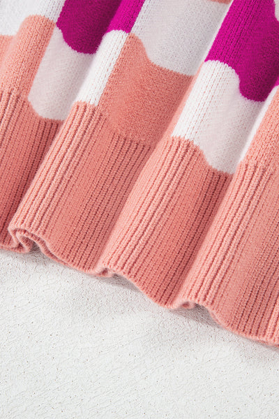 Cozy Pink Checkered Ribbed Sweater for Women - Effortless Casual Knit with Drop Shoulders for Ultimate Comfort