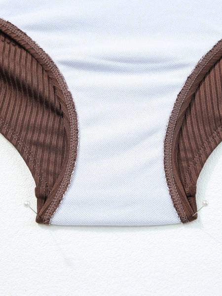 Ribbed Coffee Boho Drawstring Monokini Swimsuit