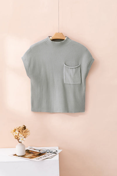 Stylish Women's Gray Ribbed Knit Short Sleeve Sweater with Patch Pockets - Cozy Casual Top for Effortless Everyday Wear