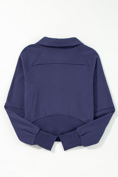 Cozy Women's Navy Blue Fleece-Lined Zip-Up Sweatshirt with Stand Collar & Thumbhole Sleeves for Ultimate Comfort