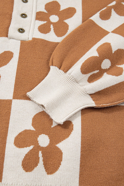 Women's Floral Checkerboard Viscose-Blend Henley Sweater