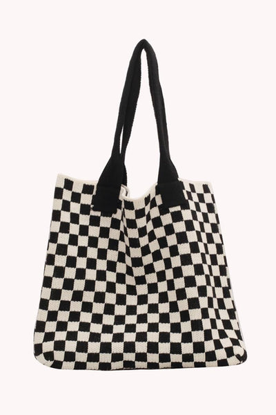 Women's Black and White Checkered Knit Shoulder Tote Bag
