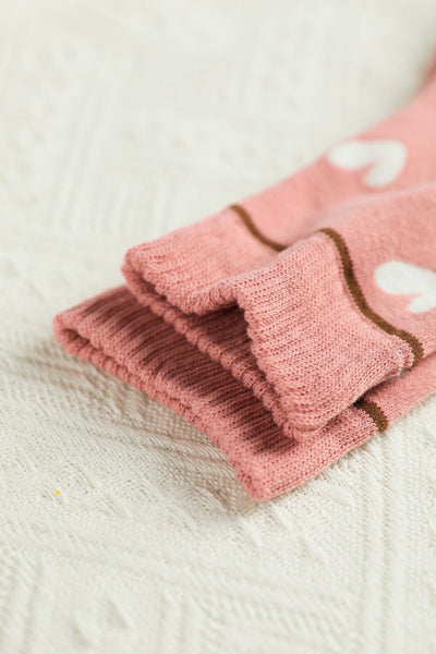 Women's Pink Heart Print Polyester Crew Socks with Ribbed Cuffs