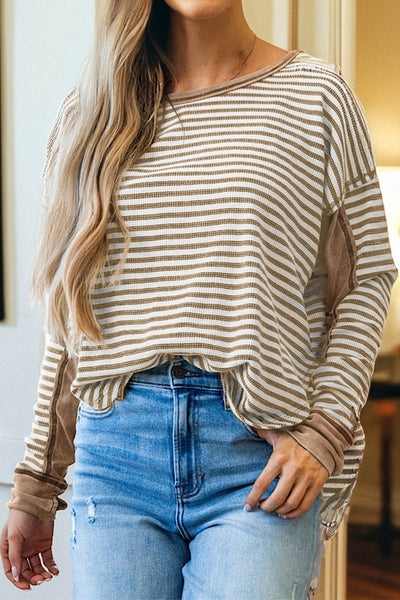 Women's Casual Khaki Stripe Thermal Knit Top with Drop Shoulders for Effortless Everyday Comfort and Style