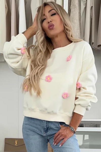 Cozy Beige Floral Crochet Sweatshirt for Women - Casual Chic Drop Shoulder Style, Perfect for Everyday Comfort