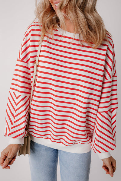 Cozy Women's Orange Striped Drop Shoulder Sweatshirt - Relaxed Fit Crew Neck for Effortless Casual Style