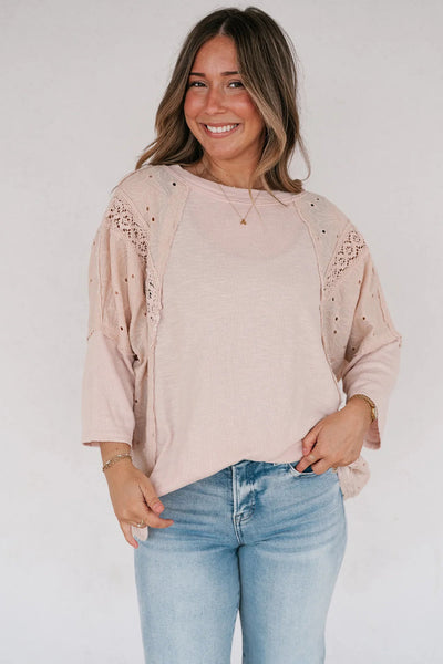 Apricot Pink Floral Lace T-Shirt for Women with Eyelet Patchwork and Bracelet Sleeves Stylish and Comfortable Top