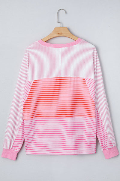 Women's Sachet Pink Patchwork Striped Long Sleeve Knit Top