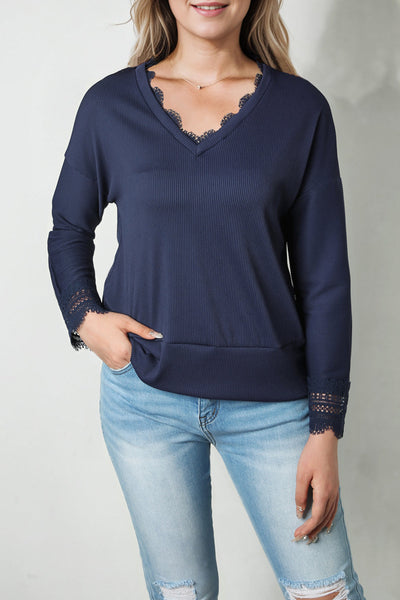 Stylish Women's Blue Ribbed Long Sleeve V-Neck Top with Lace Trim for Comfortable Everyday Wear