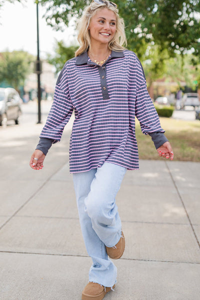 Women's Gray Stripe Ribbed Long Sleeve Polo Top with Contrast Collar - Stylish and Comfortable Casual Wear