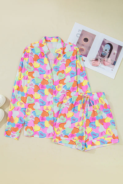 Women's Cozy Pink Valentine's Day Candy Heart V-Neck Tunic & Shorts Pajama Set for Relaxing Nights at Home