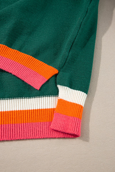 Cozy Women's Blackish Green Colorblock Striped Drop Shoulder Sweater - Stylish Layering Essential for Fall Fashion