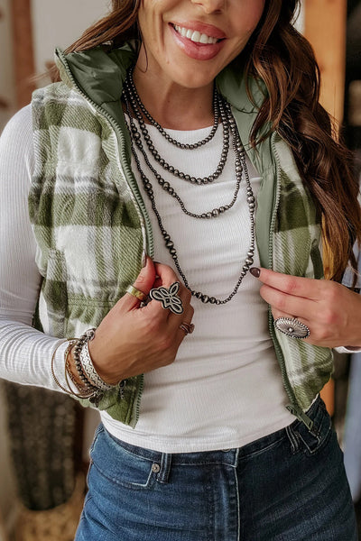 Women's Laurel Green Plaid Puffer Vest - Stylish Zip-Up Outerwear for Cozy Fall and Winter Fashion