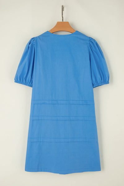 Jacquard fur ball V-neck loose solid color elastic waist dress